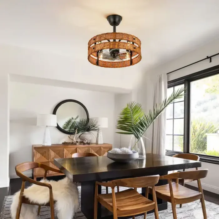 Modern Dining Room Decor with Black Rattan Fandelier