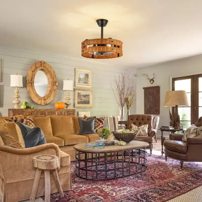 Rustic Living Room Style with Black Rattan Fandelier