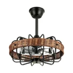Modern Black Caged Fandelier with Hand-Woven Natural Rattan Shade