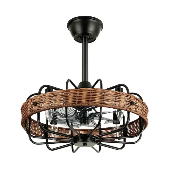 Modern Black Caged Fandelier with Hand-Woven Natural Rattan Shade