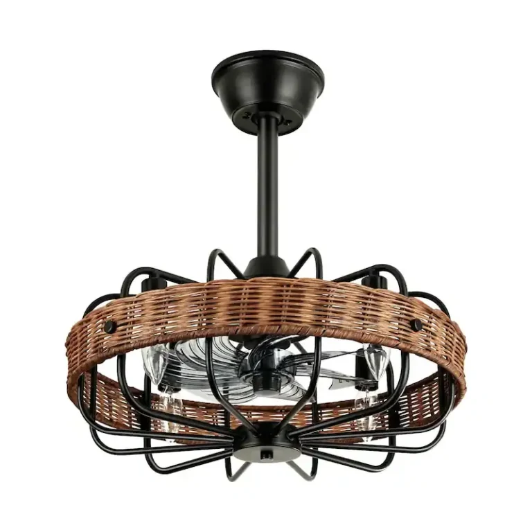 Modern Black Caged Fandelier with Hand-Woven Natural Rattan Shade