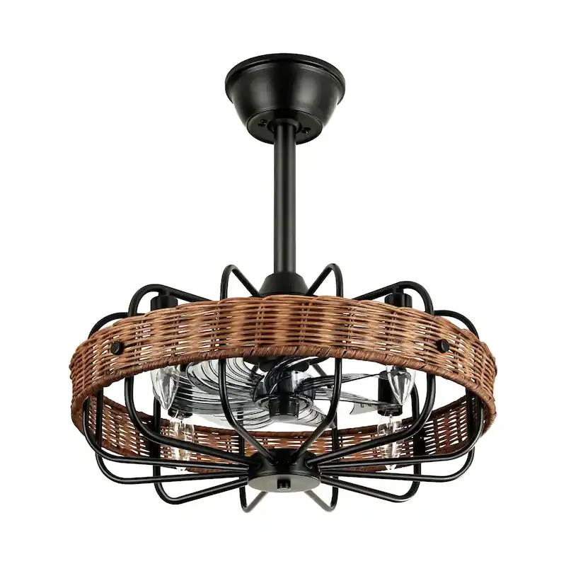 Modern Black Caged Fandelier with Hand-Woven Natural Rattan Shade