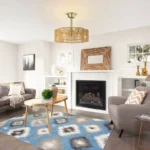 Coastal Living Room with Gold Rattan Fandelier