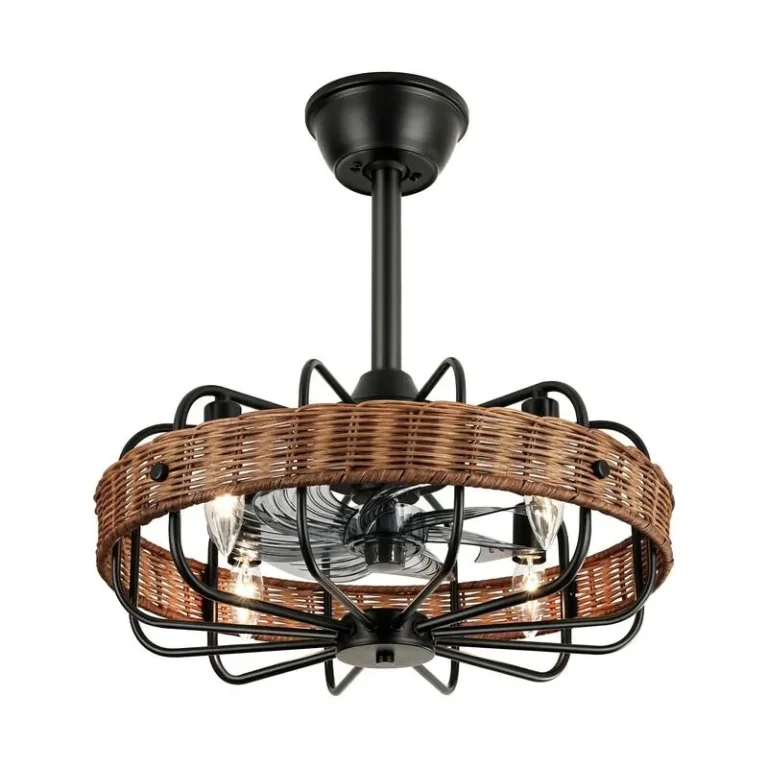 Modern Black Caged Fandelier with Hand-Woven Natural Rattan Shade