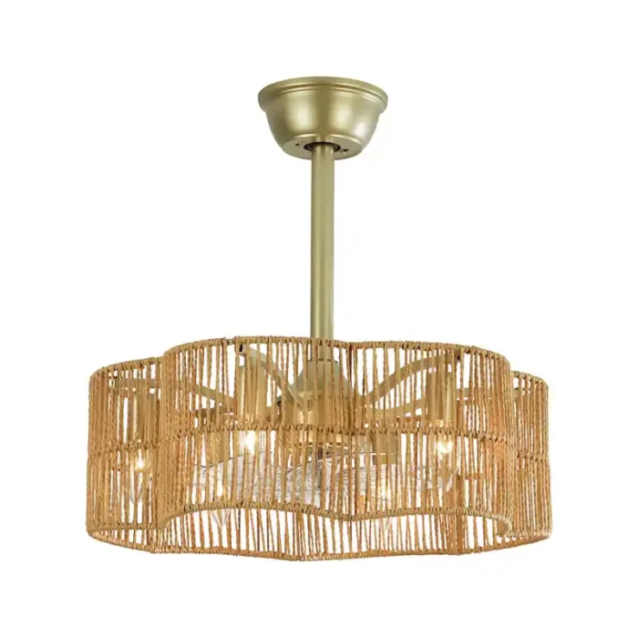 Gold Rattan Fandelier with Light White Background