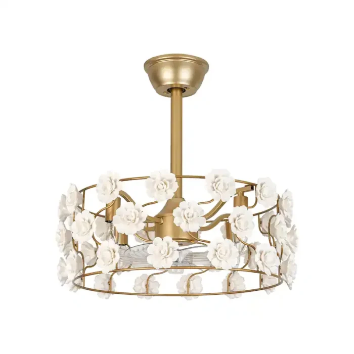 white ceramic flower ceiling fan with light on white background
