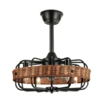 Modern Black Caged Fandelier with Hand-Woven Natural Rattan Shade