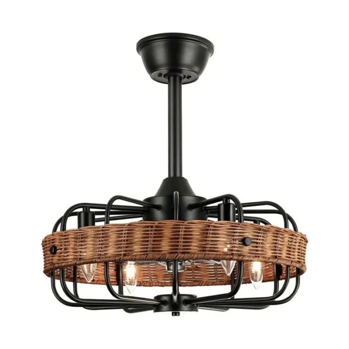 Modern Black Caged Fandelier with Hand-Woven Natural Rattan Shade