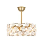 white ceramic flower ceiling fan with light on white background