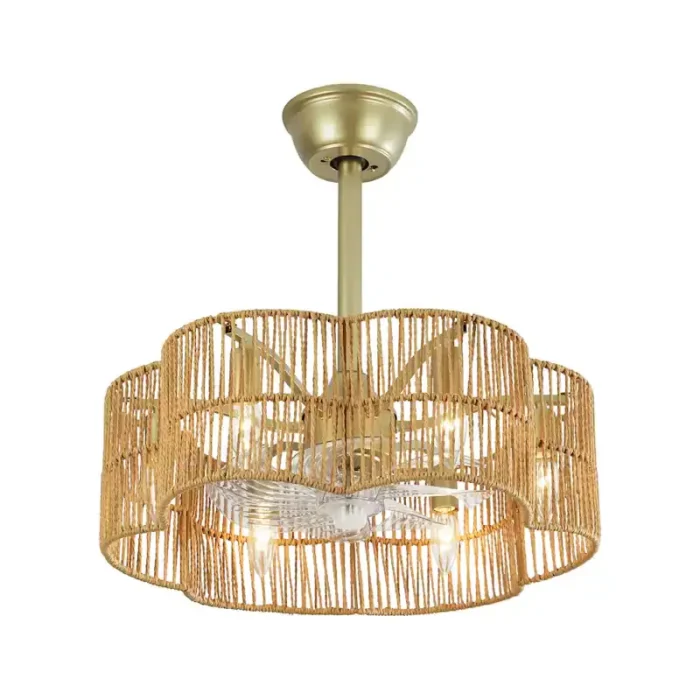 Gold Rattan Fandelier with Light White Background