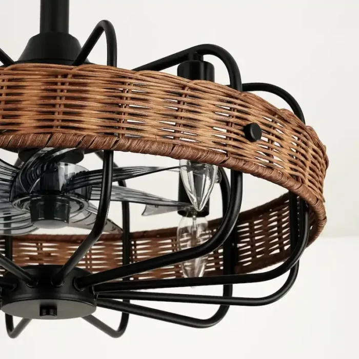 Close-up of Hand-Woven Natural Rattan on Black Caged Fandelier