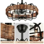 Close-up of Hand-Woven Natural Rattan on Black Caged Fandelier