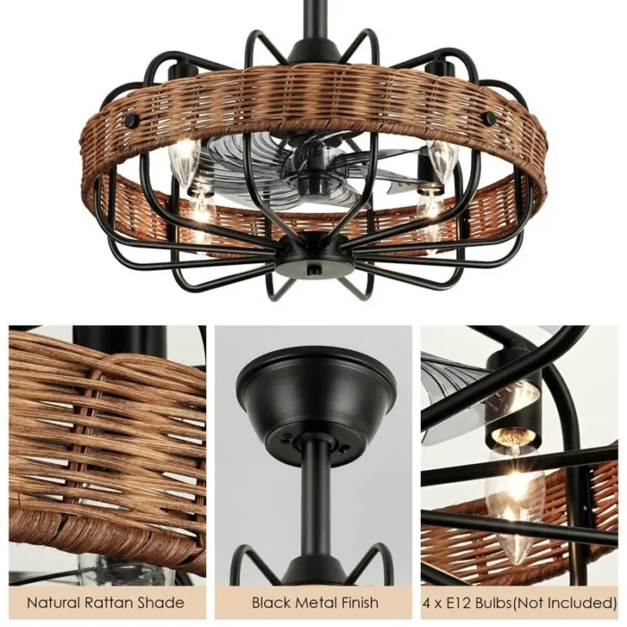 Close-up of Hand-Woven Natural Rattan on Black Caged Fandelier