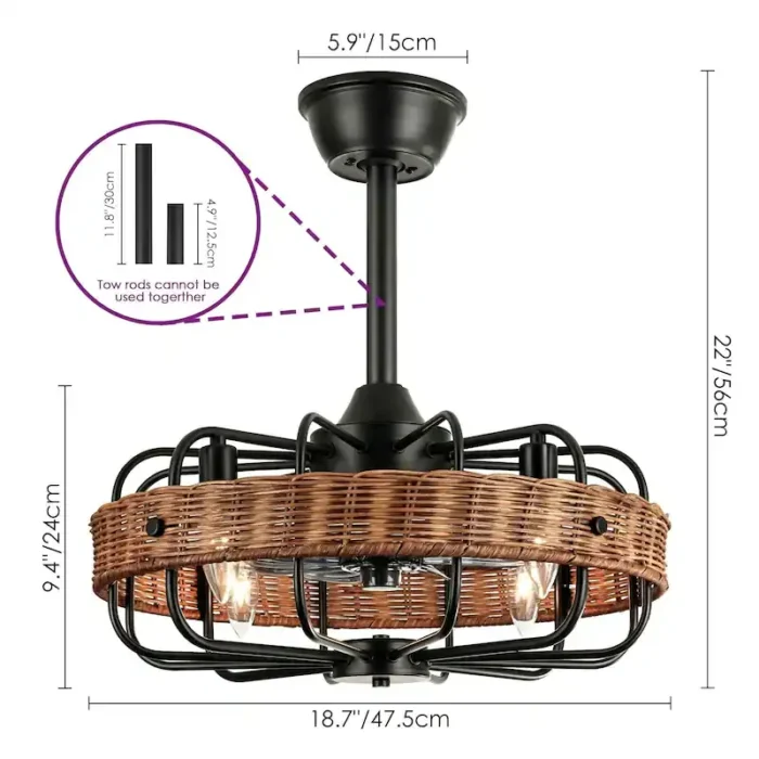 Dimensions for Black Rattan Fandelier with Adjustable Height