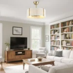 Modern Living Room with Gold Drum Fandelier with Fabric Shade