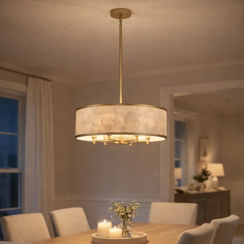 modern gold capiz shell drum chandelier hanging above a wooden dining table in a cozy dining room