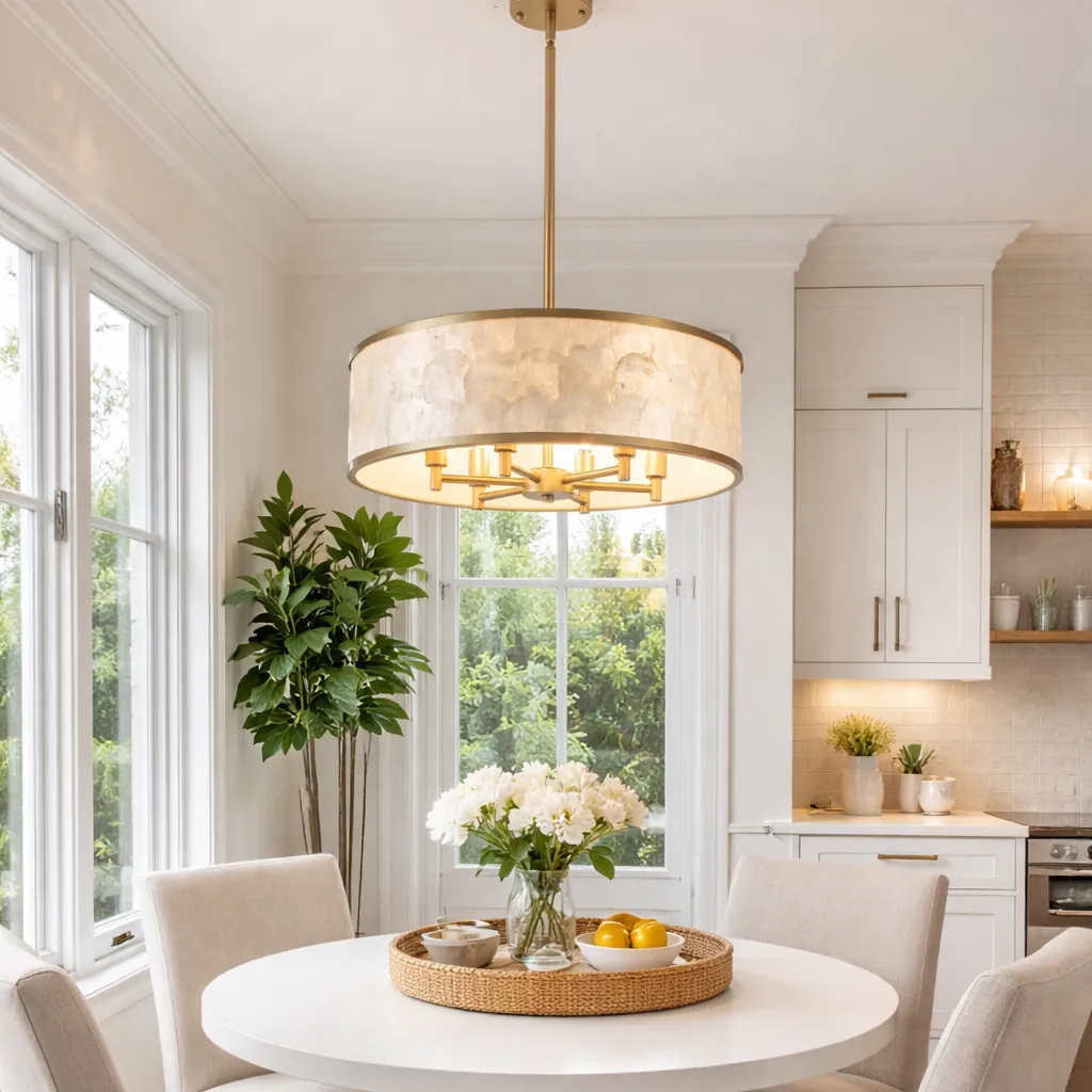 modern coastal capiz shell chandelier hanging above a wooden dining table