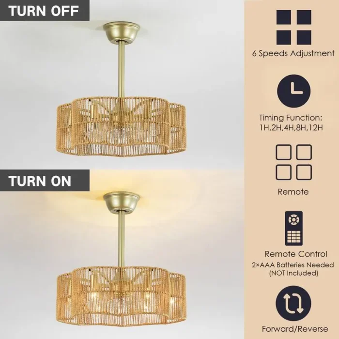 Gold Rattan Fandelier 6 Speed Remote Functions