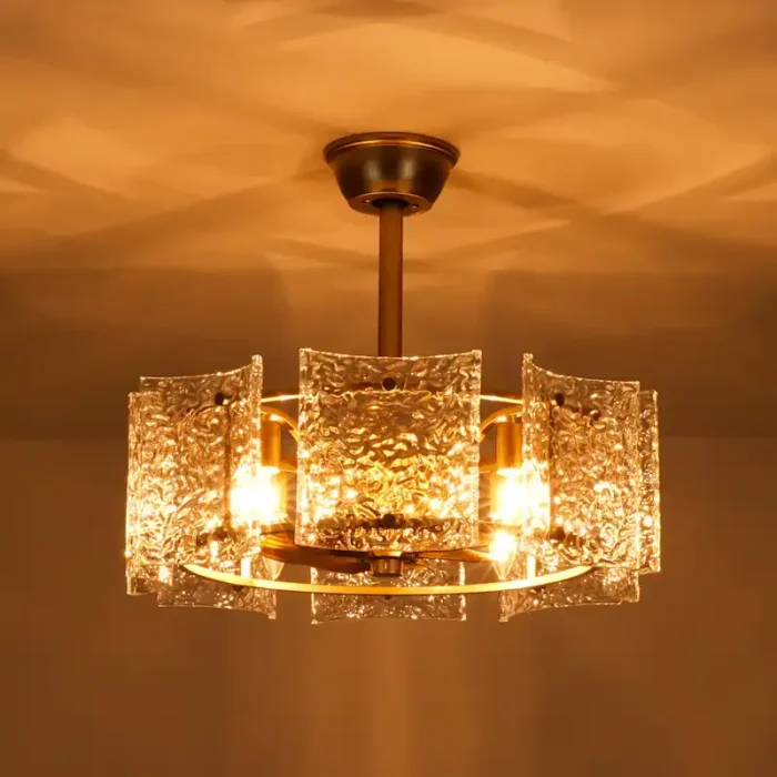 Modern Gold Glass Fandelier with Light and Hammered Glass Shades