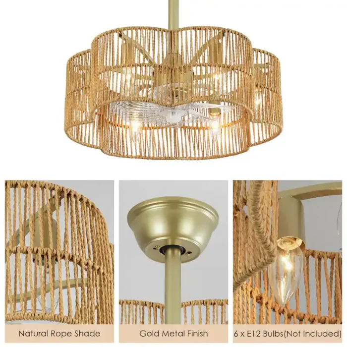 Gold Rattan Fandelier E12 Bulb Base and Cage Detail