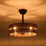 Night View of Black Rattan Fandelier with Warm Light