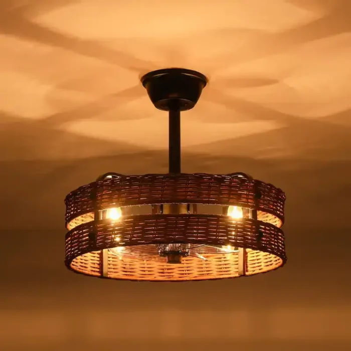 Night View of Black Rattan Fandelier with Warm Light