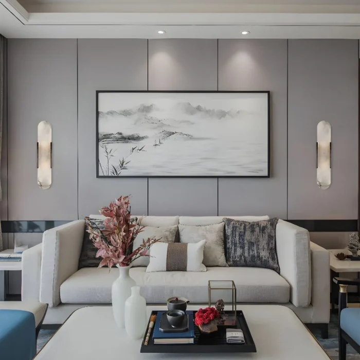 Modern Living Room Decor with Alabaster Linear Sconce