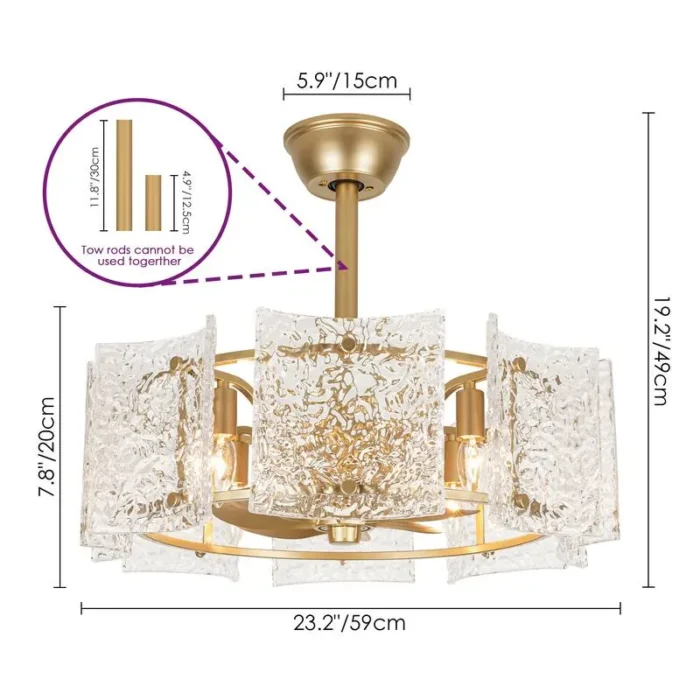 Dimensions for Modern Gold Glass Fandelier with Dual Downrods