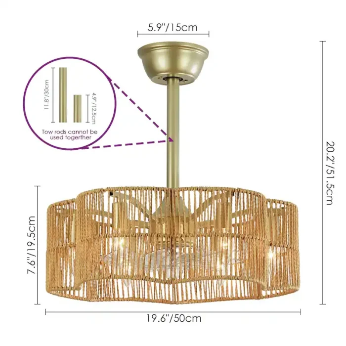 Dimensions for Gold Rattan Fandelier Adjustable Height