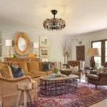 Coastal Industrial Living Room with Black Rattan Fandelier