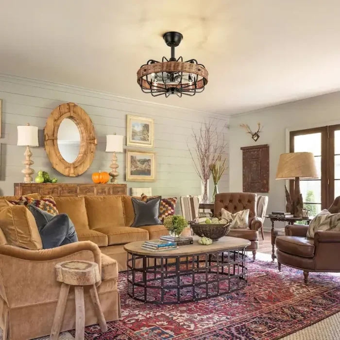 Coastal Industrial Living Room with Black Rattan Fandelier