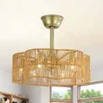 Gold Rattan Fandelier with Remote and Woven Shade