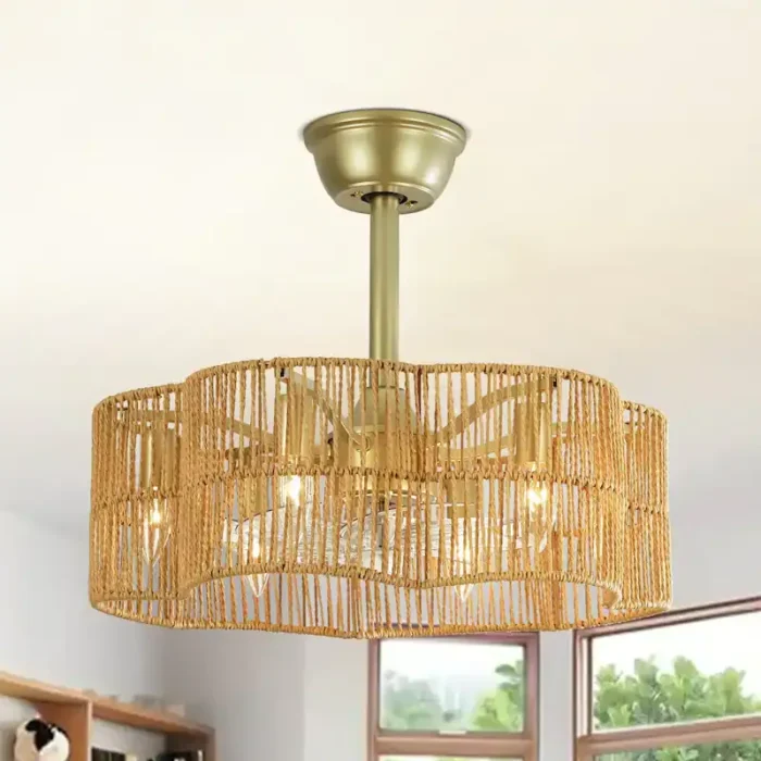 Gold Rattan Fandelier with Remote and Woven Shade