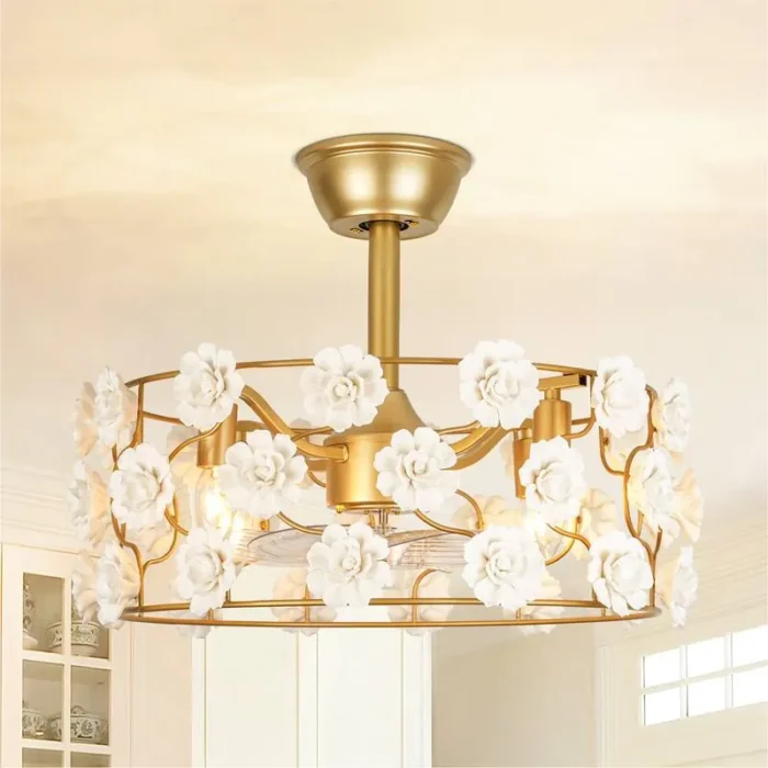 Modern organic bedroom decor with floral petal ceiling fan above bed