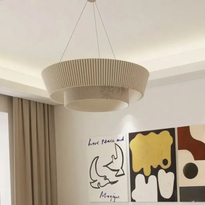 warm-lighting-pleated-fabric-pendant-above-bed