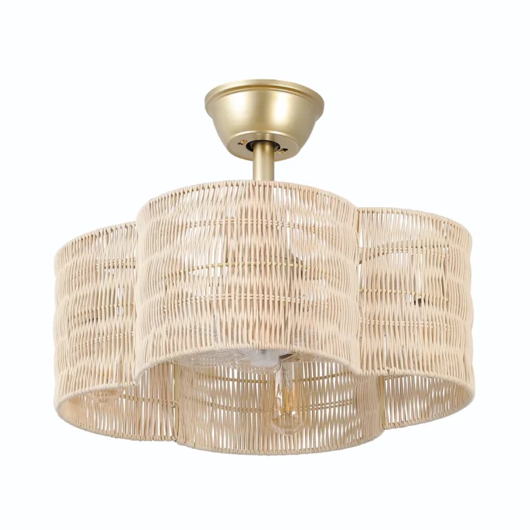 Gold Rattan Fandelier with Light and Clover Woven Shade