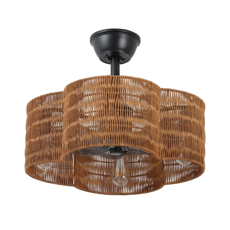 Black Rattan Fandelier with Light and Dark Brown Shade