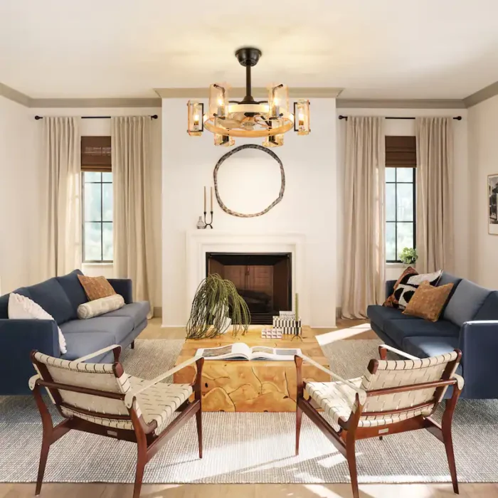 High Ceiling Living Room with Hushwing Fandelier