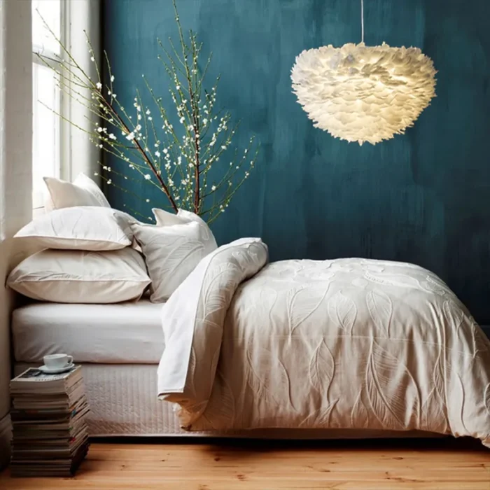 Modern White Feather Pendant Light in a Cozy Bedroom