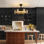 Elegant Dining Area with Wood Grain Fandelier Light