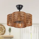 Black Rattan Fandelier with Light in a Rustic Bedroom