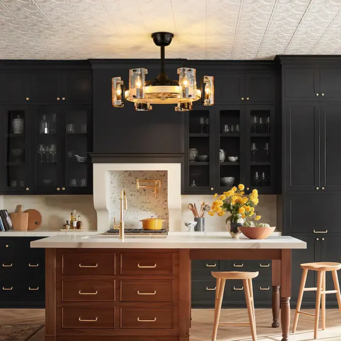 Elegant Dining Area with Wood Grain Fandelier Light
