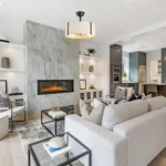 Black Drum Fandelier with Fabric Shade as a centerpiece in a modern Living Room