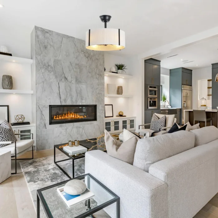 Black Drum Fandelier with Fabric Shade as a centerpiece in a modern Living Room