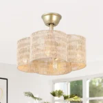 Coastal Bedroom with Gold Rattan Fandelier with Light