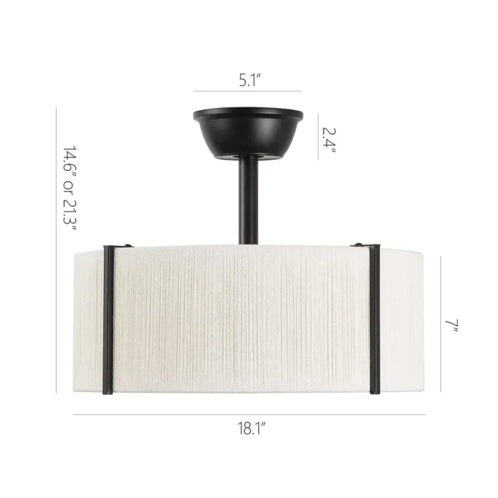 Detailed Dimensions for Black Drum Fandelier with Fabric Shade and Dual Downrods