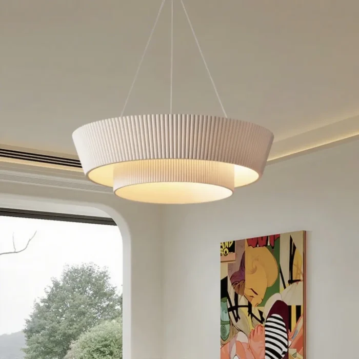 warm-lighting-pleated-fabric-pendant-above-bed