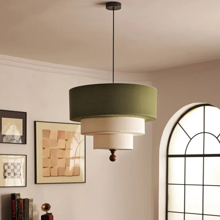 3-Tier Linen Pendant Light in Sage Green and Cream