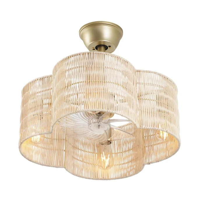 Gold Rattan Fandelier with Light and Clover Woven Shade