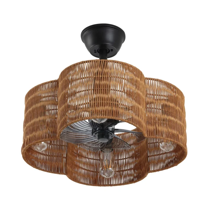 Black Rattan Fandelier with Light and Dark Brown Shade